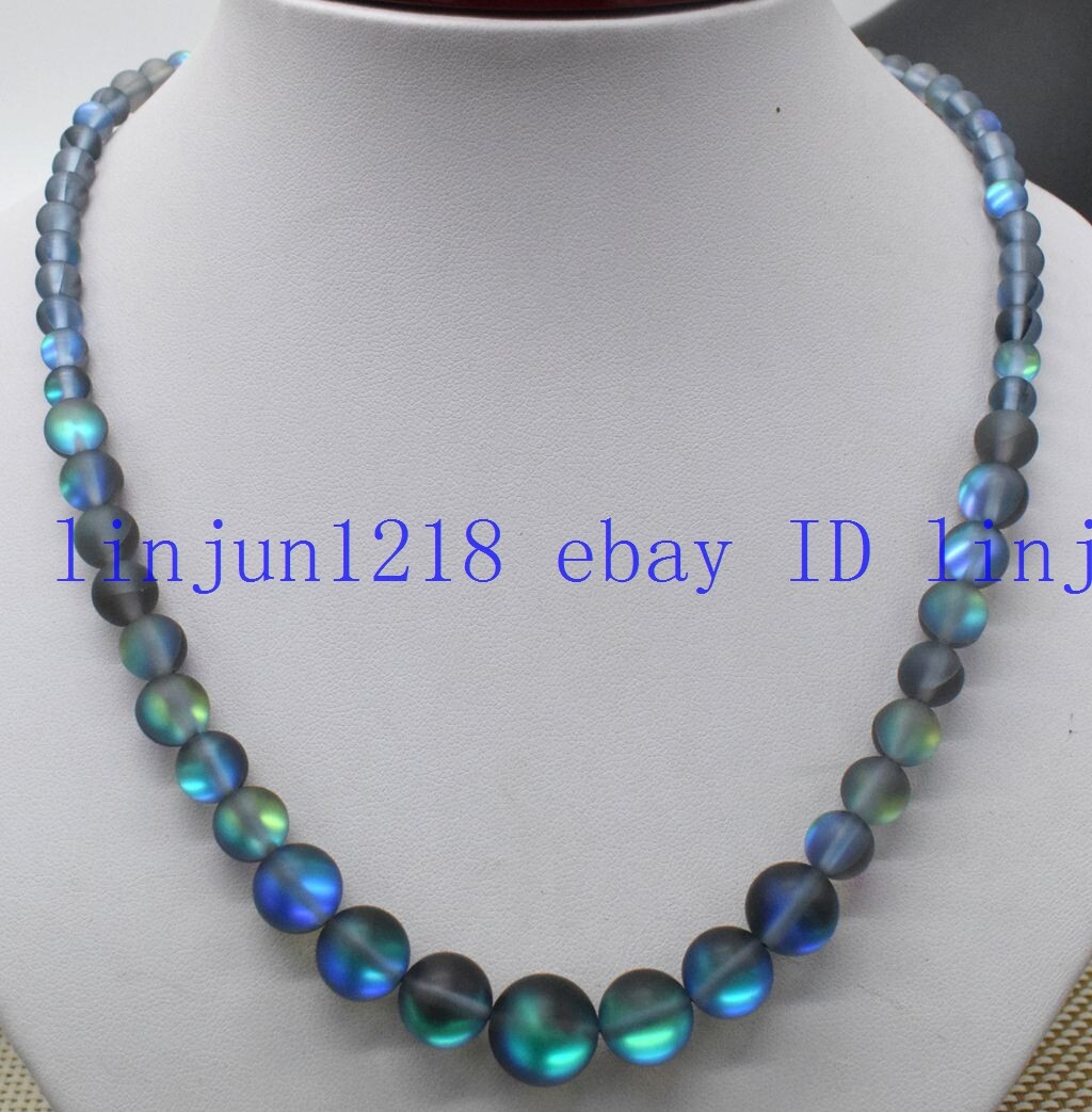 6-12mm gray Gleamy Rainbow Moonstone Round Gemstone Necklace18”925 Silver Clasp