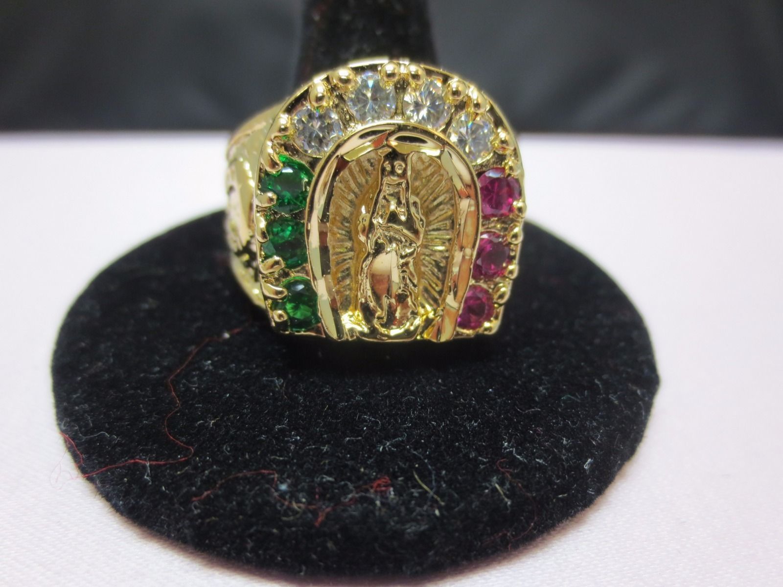SIZE 6-13, 14 KT GOLD PLATED MENS NUGGET RELIGIOUS VIRGIN MARY 3 COLOR CZ RING