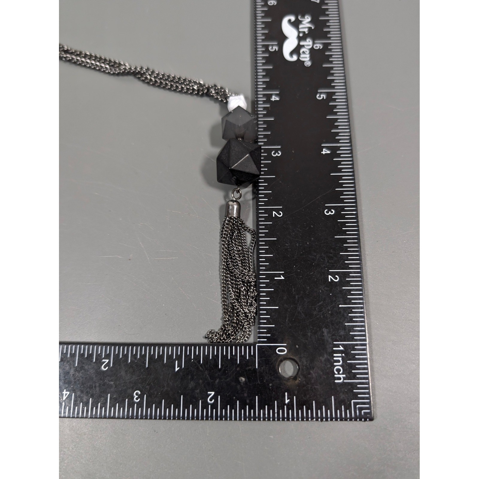Long Gray Beaded Necklace Tassel Pendant Metallic Acrylic 32″ Layering Statement