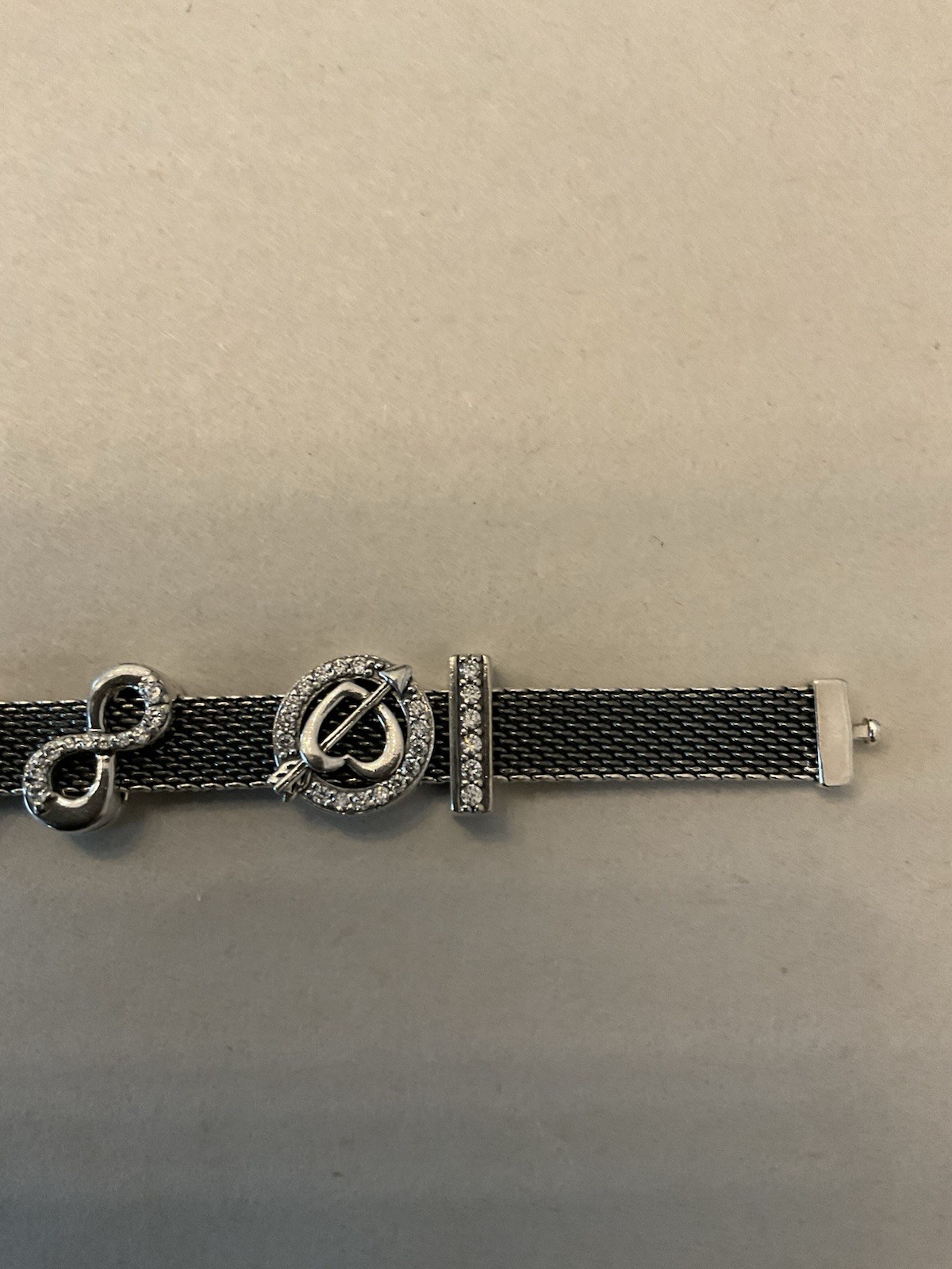Pandora Reflections Mesh Bracelet In Oxidized Silver W/Charms Sz 7.0/7.25