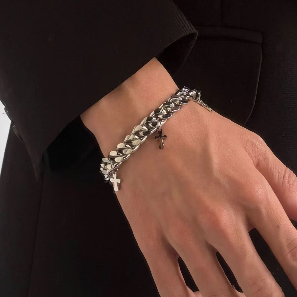 Silver Titanium Steel Alloy Thick Cuban Bracelet Charms Unisex Wrist Jewelry