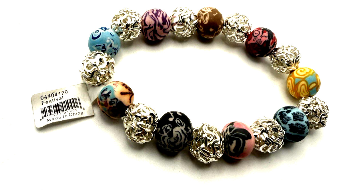 NWT VIVA BEADS Festival Multicolor Handmade Clay Beaded Stretch Bracelet