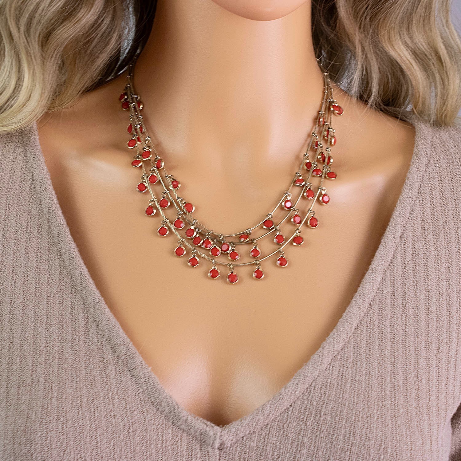 Anne Klein Coral Beaded Gold Multi Strand Necklace 24in Adjustable Statement