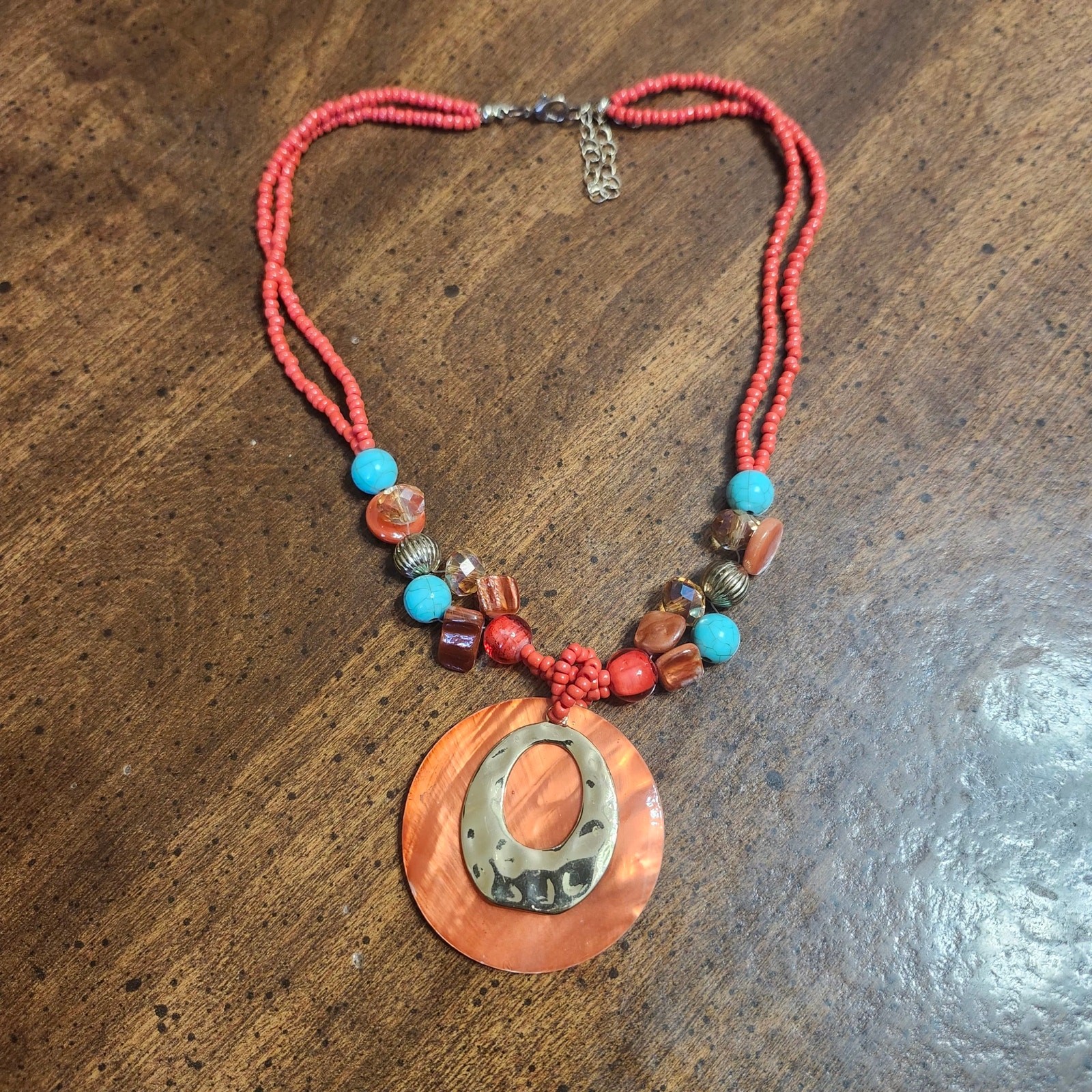 Orange Dyed Shell Pendant Necklace Red Seed Bead Aqua Glass Turquoise Boho 20in