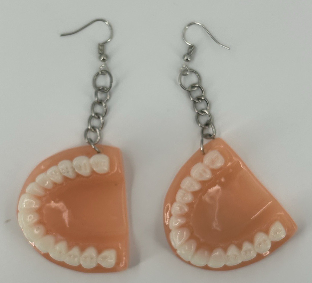 False Teeth Dentures Funny Acrylic Dangle Earrings Large 3.5 Inch Drop