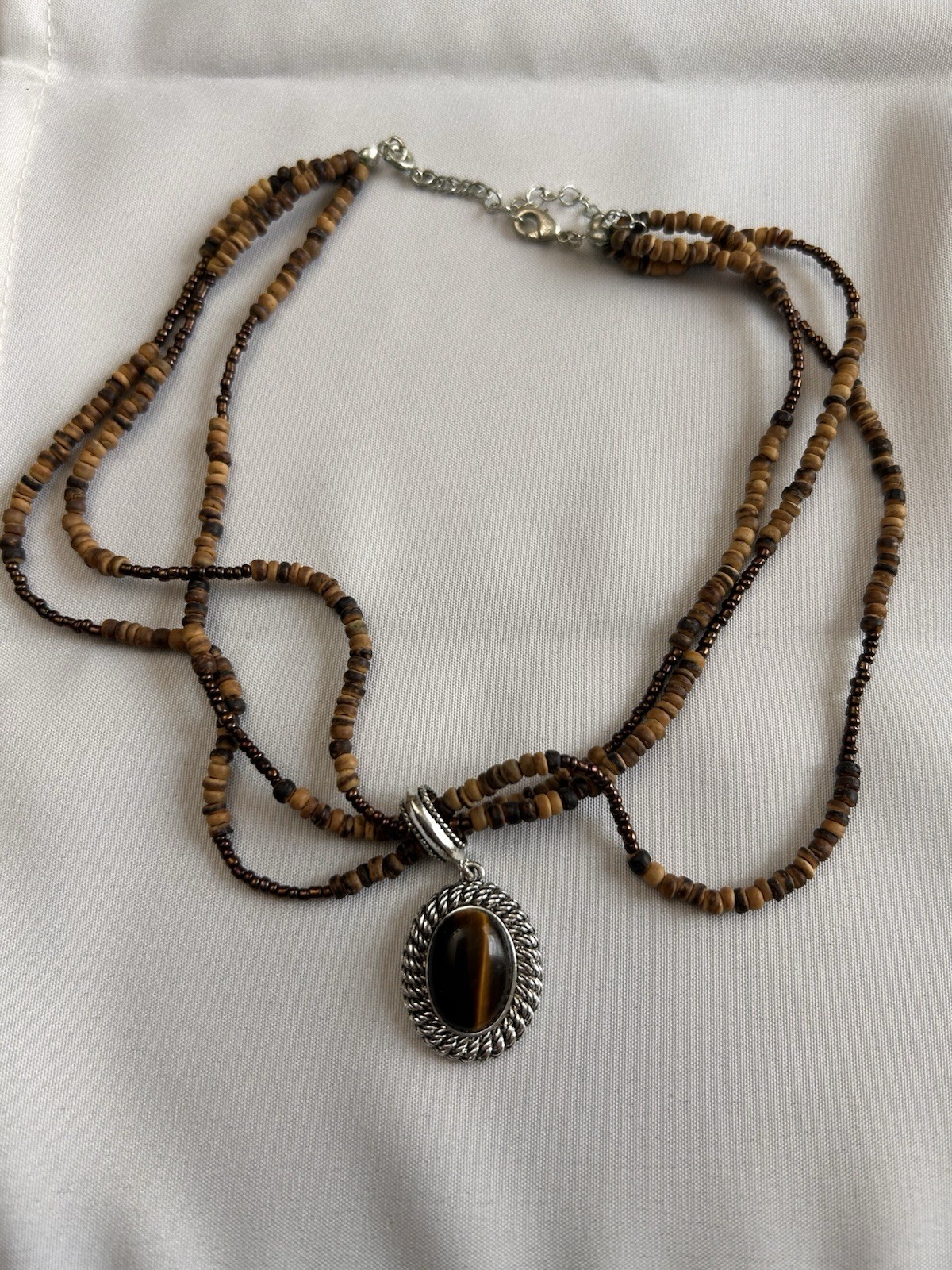 Brown Beaded Pendant Necklace Oval Tiger’s Eye Bezel, Wood, Lobster Clasp