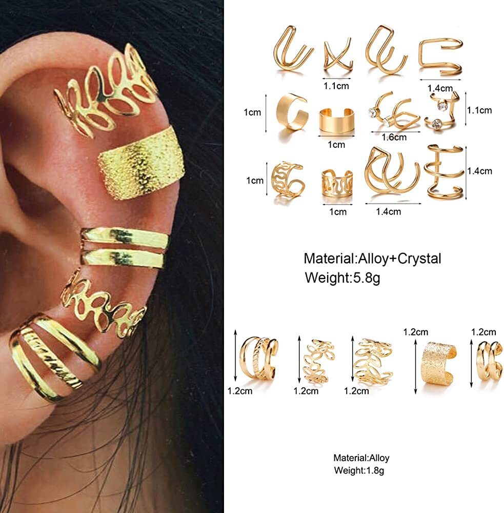 12PC Ear Cuff Stainless Steel Helix Cartilage Clip on Wrap Earrings Non Piercing