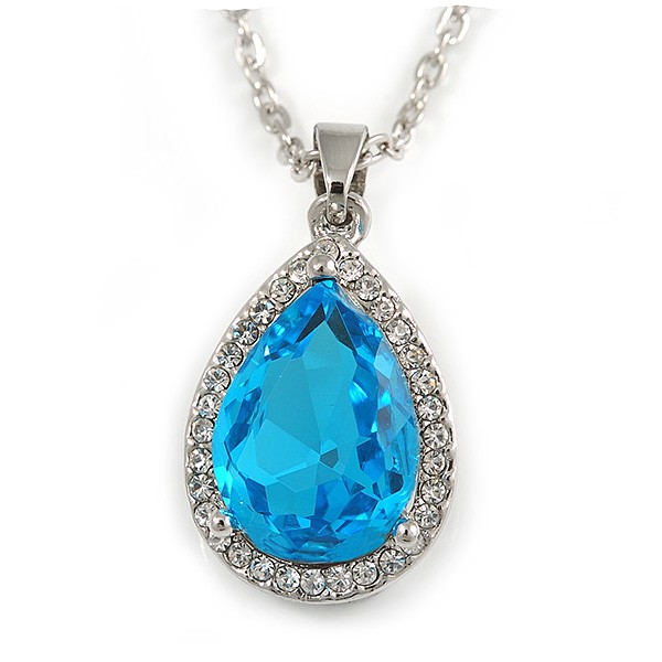 Sky Blue/ Clear Crystal Teardrop Pendant with Silver Tone Chain – 42cm L/ 5cm