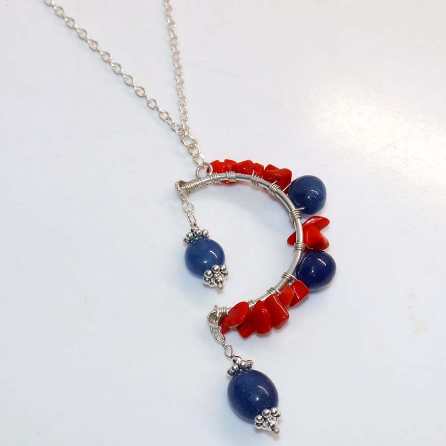 925 Silver Plated Beaded Lapis Lazuli Red Coral Necklace 19″ Ethnic Jewelry GW