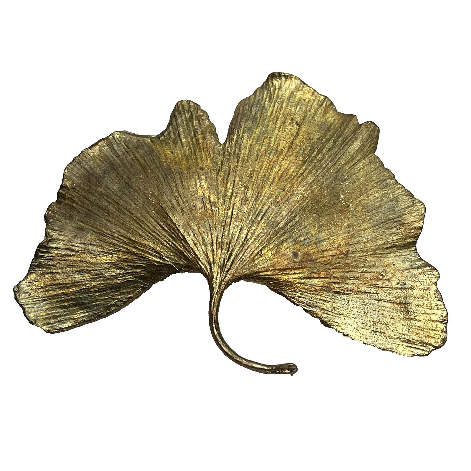 Botanical Metal Ginkgo Leaf Brooch Pin Artisan Textured Metallic Finish Unsigned