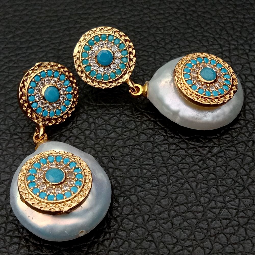 Cultured White Coin Pearl Blue Cz pave Stud Earrings