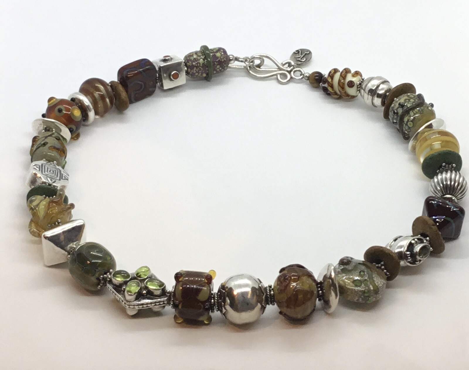 Artisan Necklace, Sterling Clasp, Different Sized Silver & Lampworked Beads, 18”
