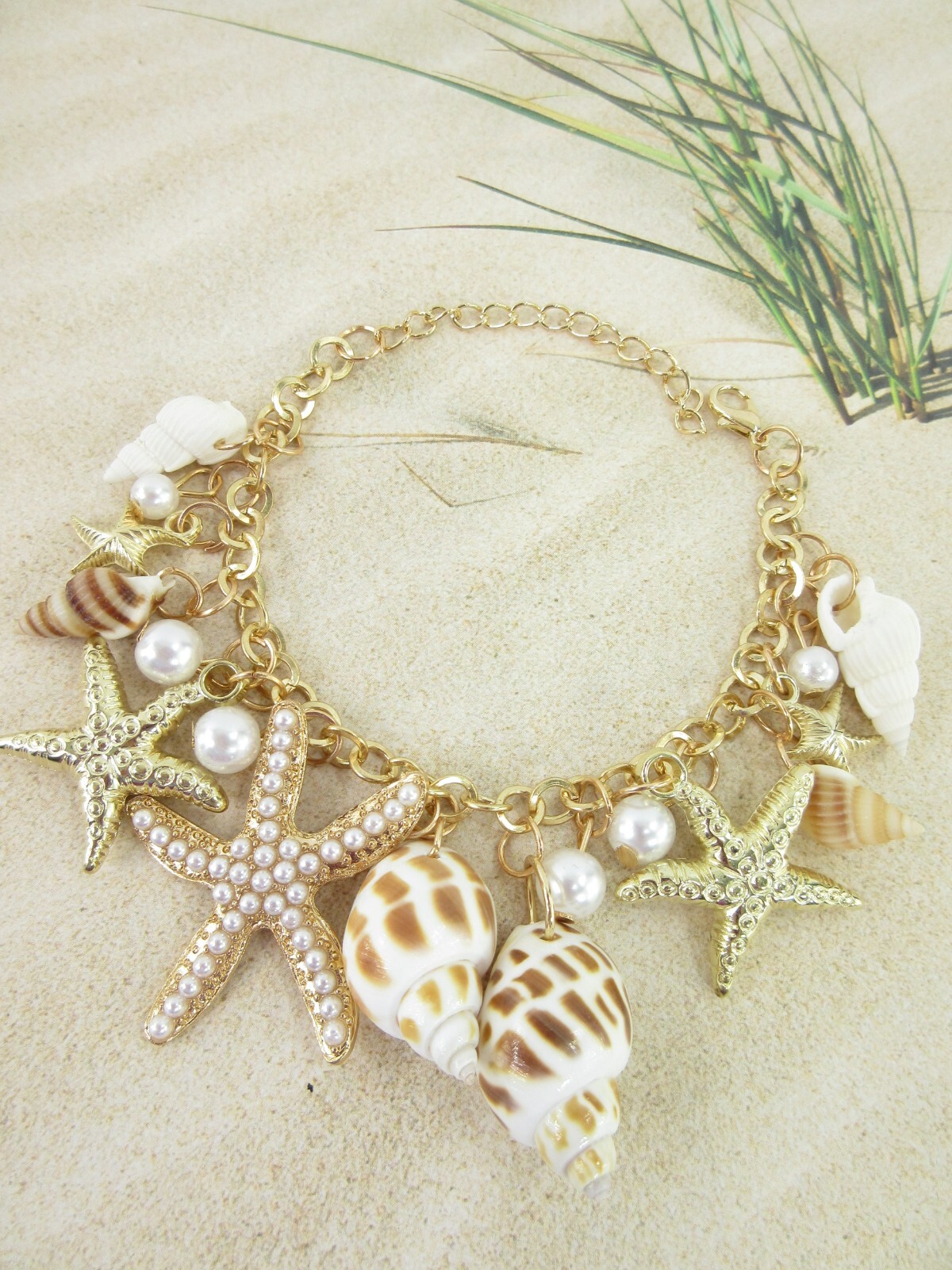 Starfish Seashell Bracelet Pearls Nautical Statement Jewelry Beach Charms NEW