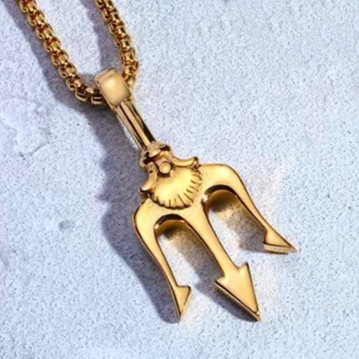 Gold Poseidon Trident Pendant Necklace For Men Punk Rock Jewelry Box Chain 24″