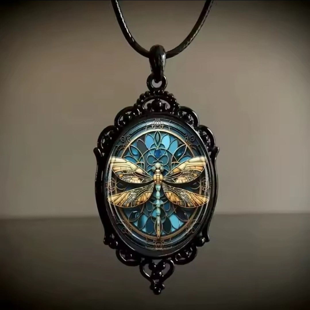 Dragonfly Oval Blue Glass Bezel Charm Pendant Cord Necklace Black Gold Tone