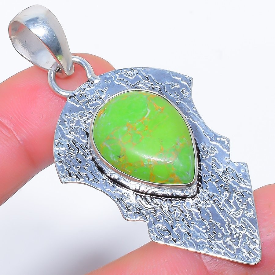 Copper Green Turquoise Gemstone 925 Silver Plated Pendant 2.5″ T8643