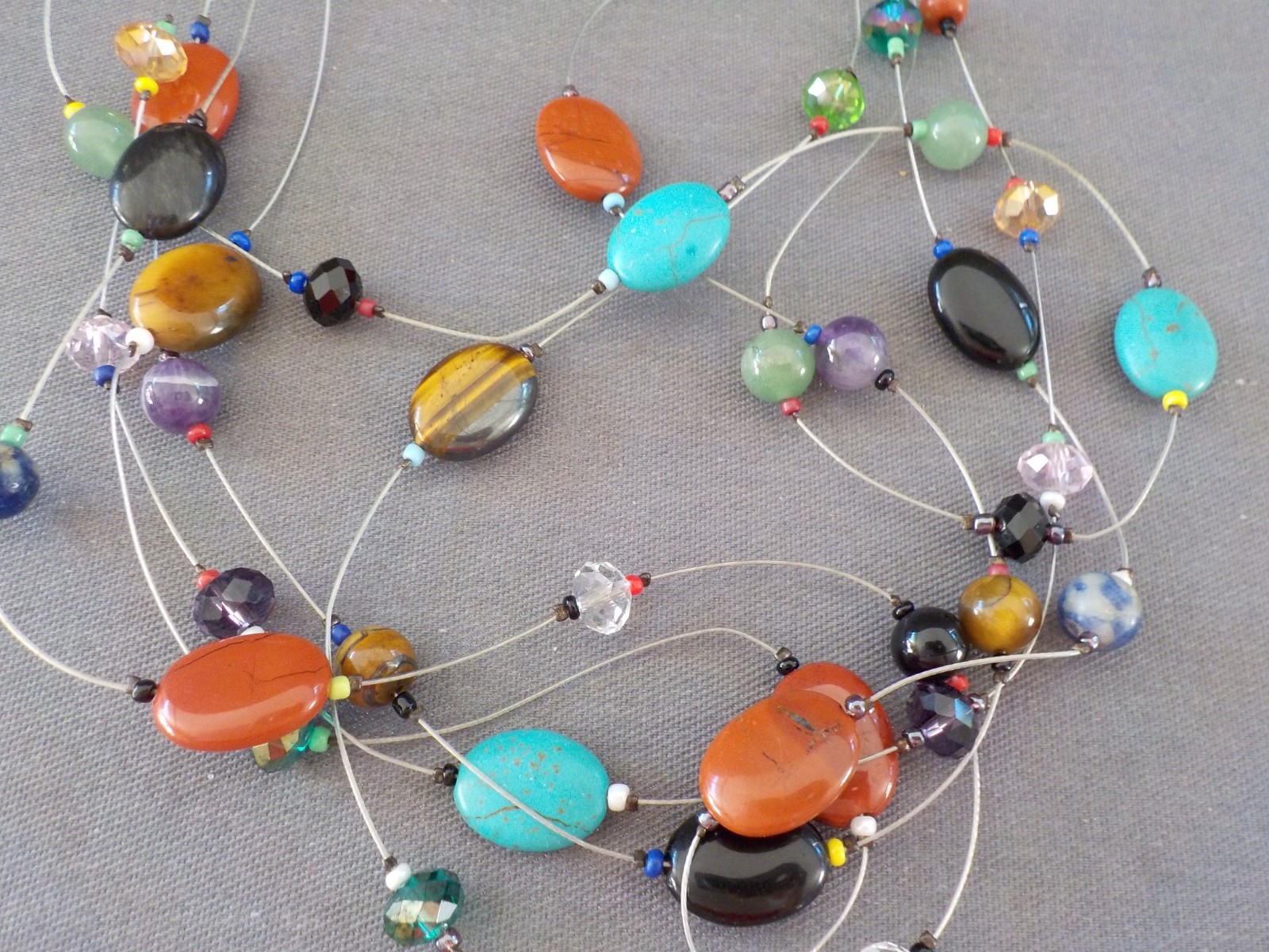 Necklace Silver Tone Metal Multi Strand Wire Stone Glass Oval Polished