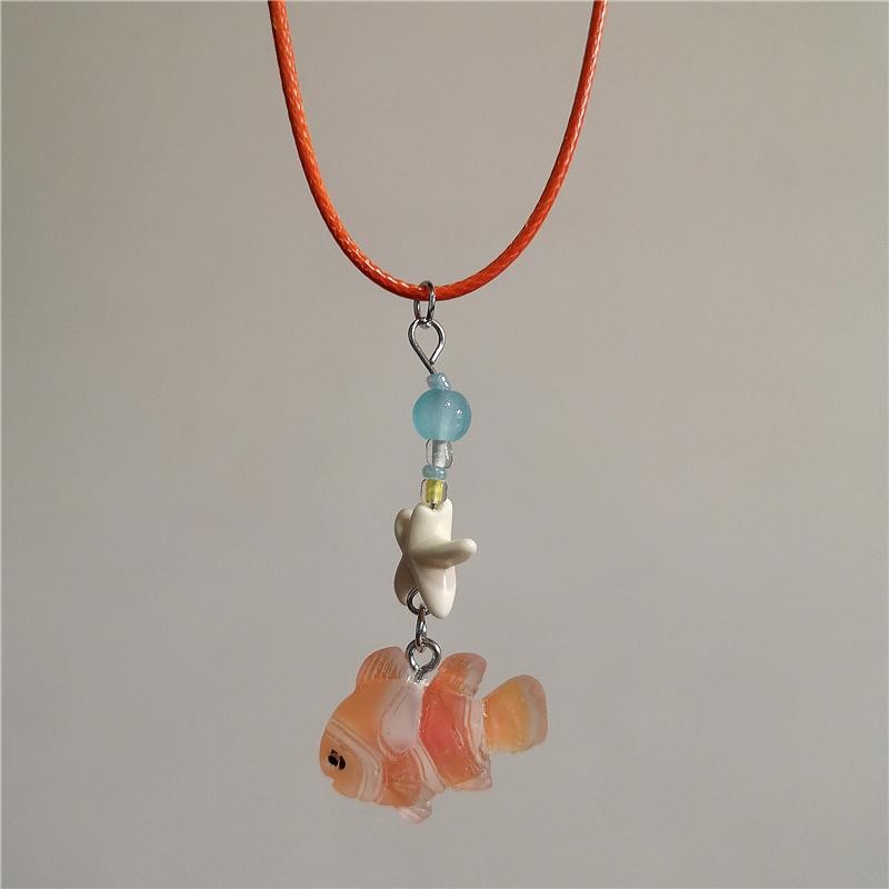 Orange Ceramic Fish Starfish Pendant Beaded Choker Necklace Boho Vacation