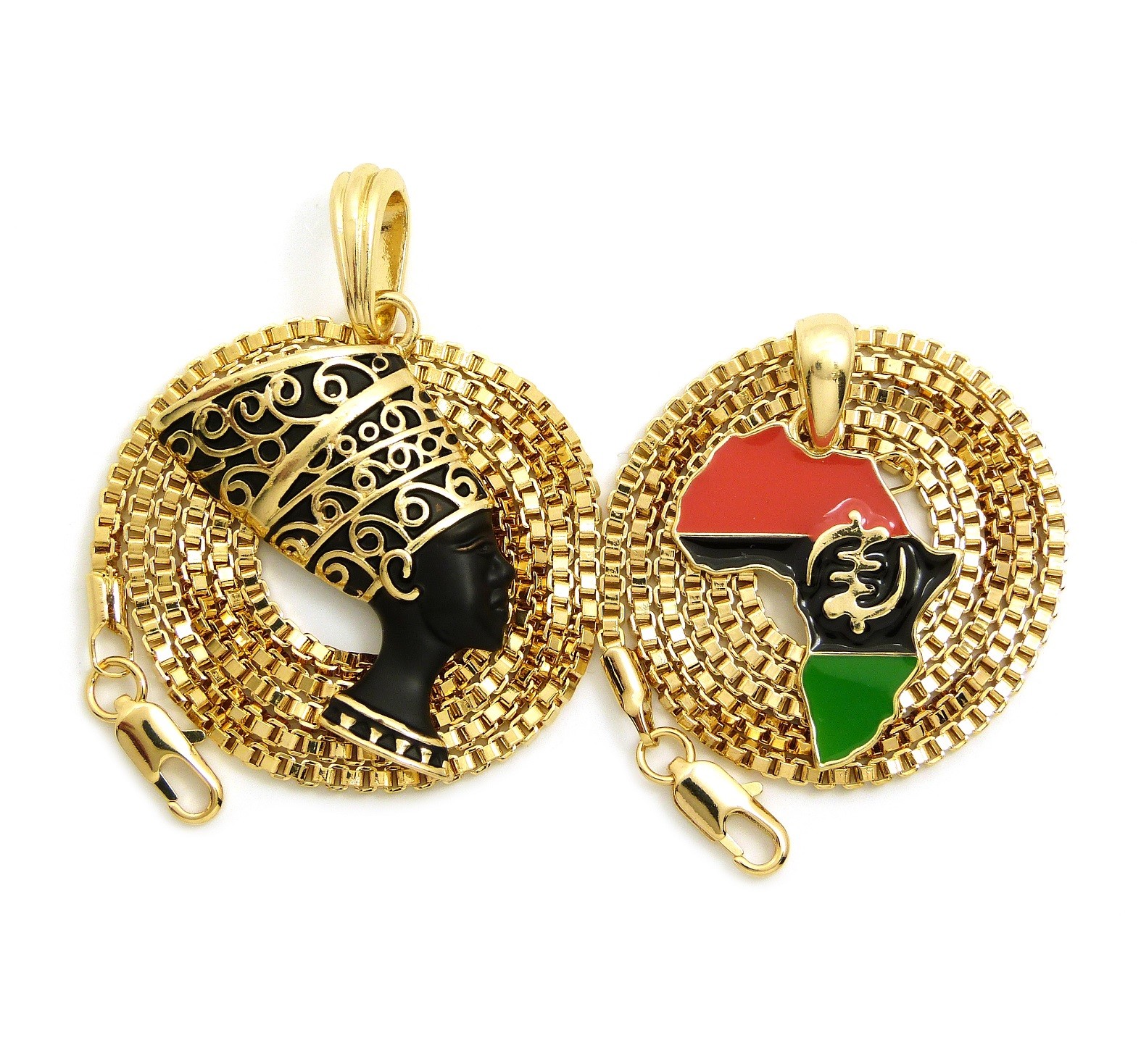 Gye Nyame Africa Map, Nefertiti Pendant 16″- 24″ Box Chain 2 Necklace Set RC3012