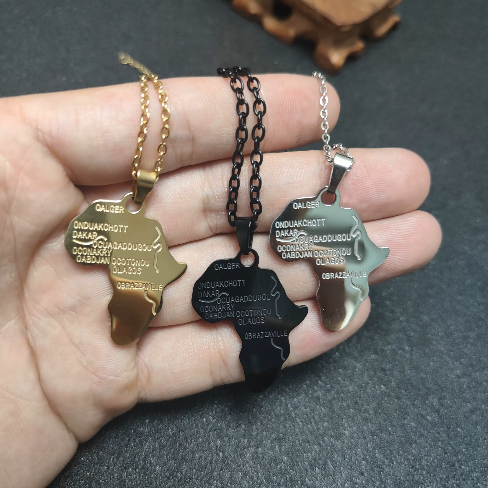 Africa Map Pendant Necklace with Engraved Capital Cities Stainless Steel Jewelry