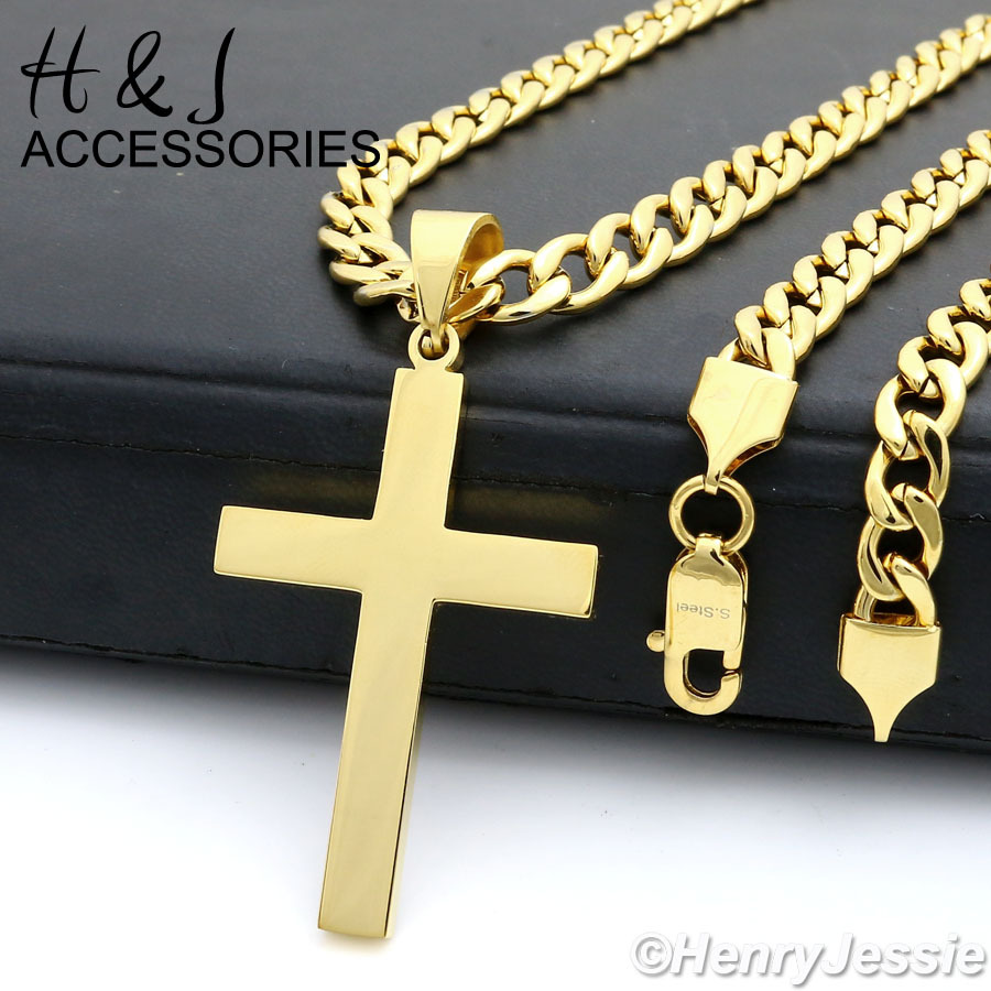 18-40″Stainless Steel 6mm Gold Plated Cuban Curb Chain Plain Cross Pendant*P64