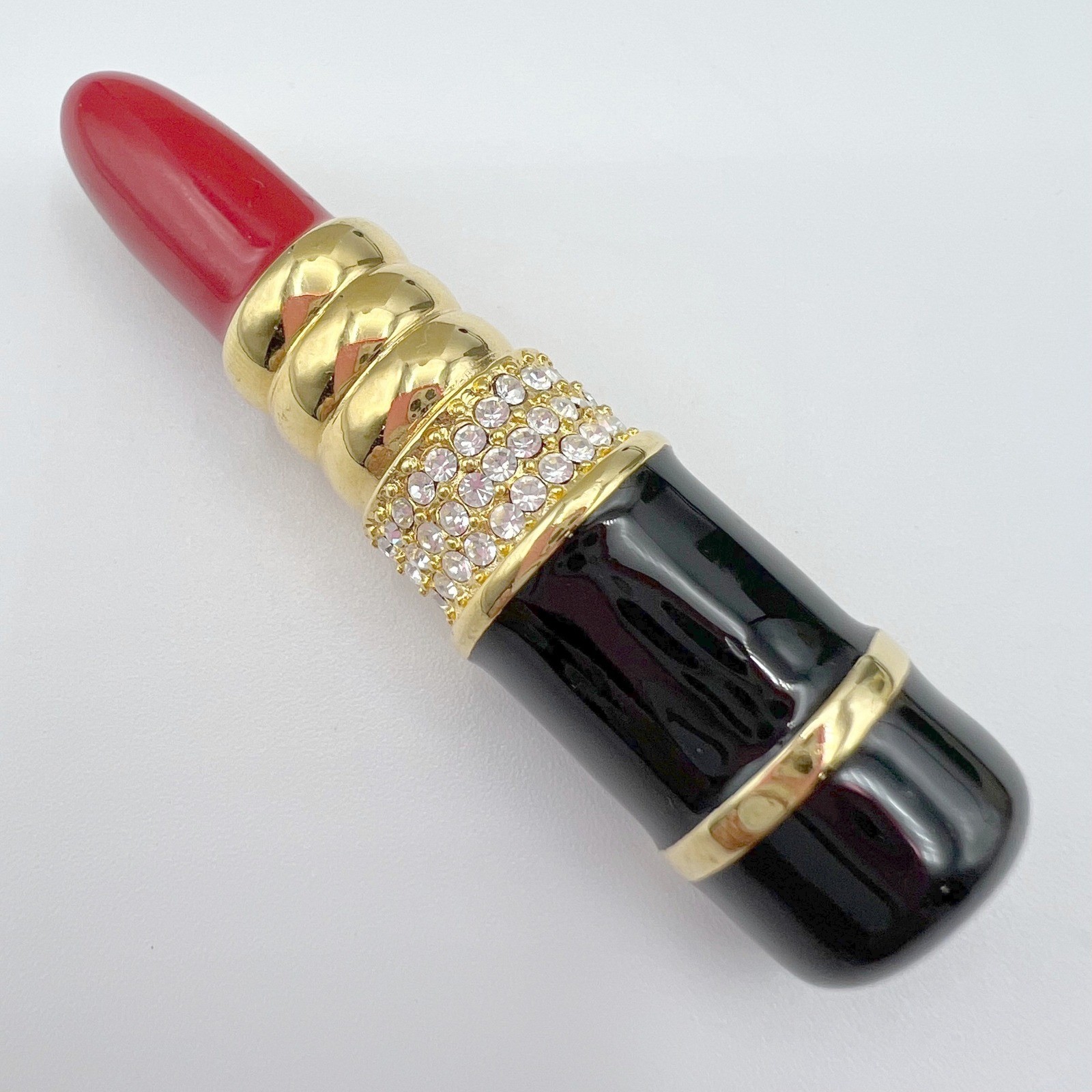 Kenneth Jay Lane KJL Lipstick Brooch Red Black Enamel Rhinestone Gold Tone Pin