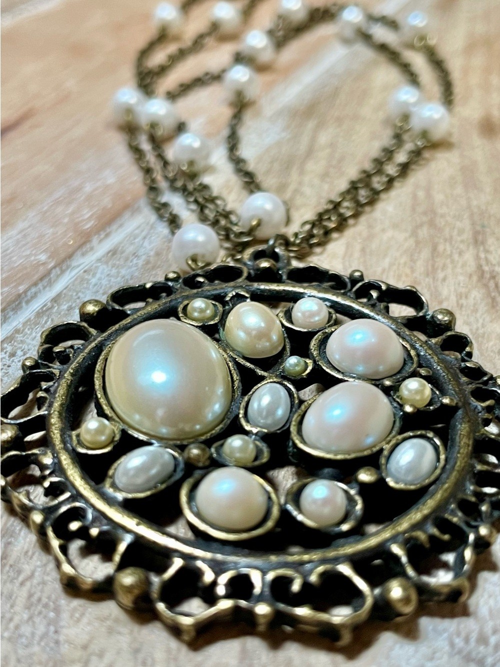 Antique Gold-Tone Pearl Cluster Pendant Necklace – Women Jewelry