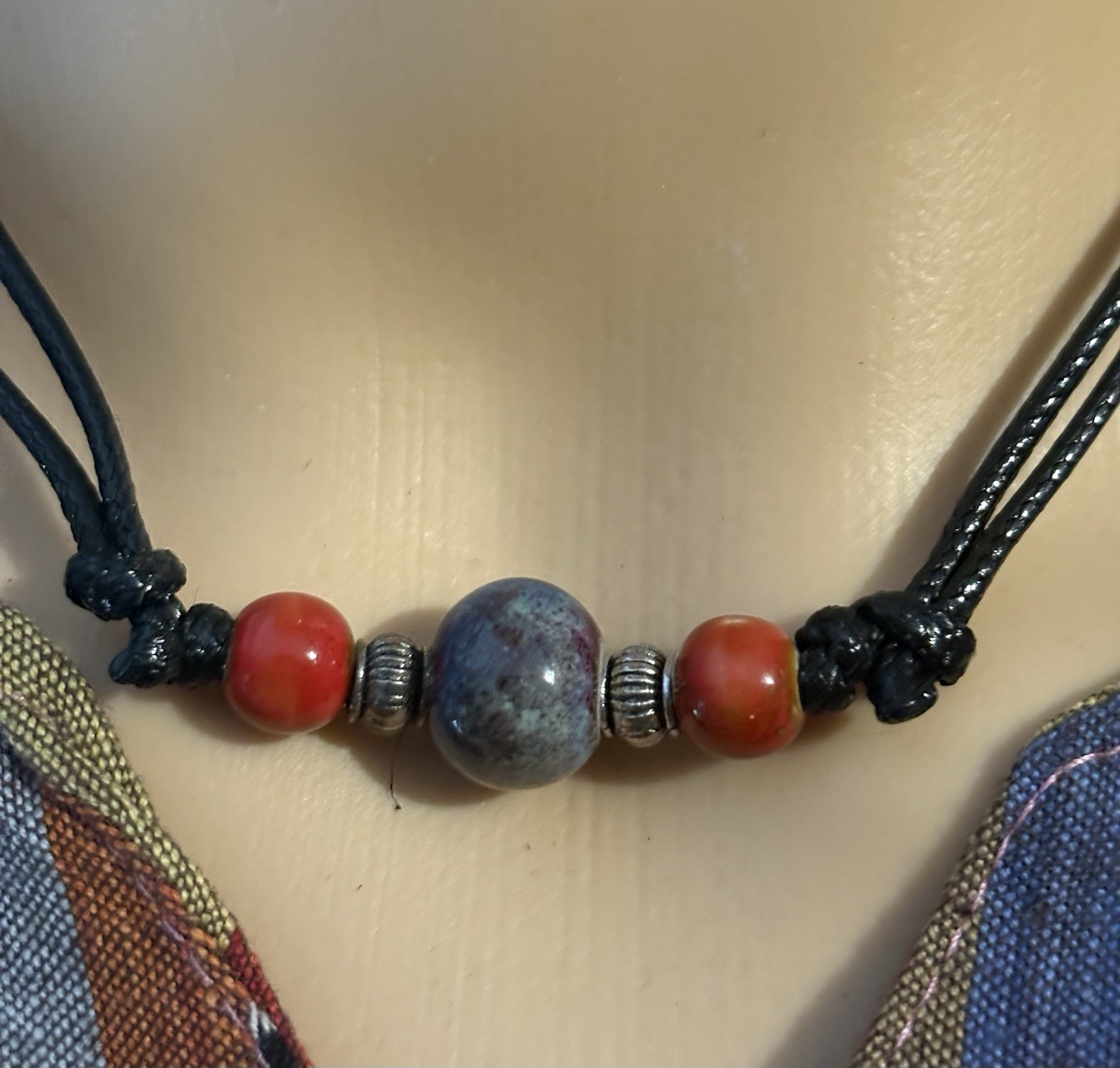 Round Bead Pendant Black Cord Beaded Necklace Red Gray Purple Adjustable