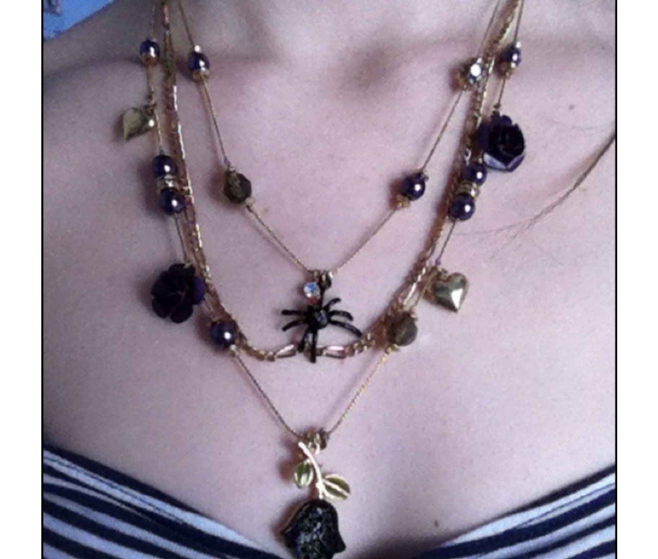 Gold Tone Layered Cable Chain Necklace Flower Charm Pendant Nature Green