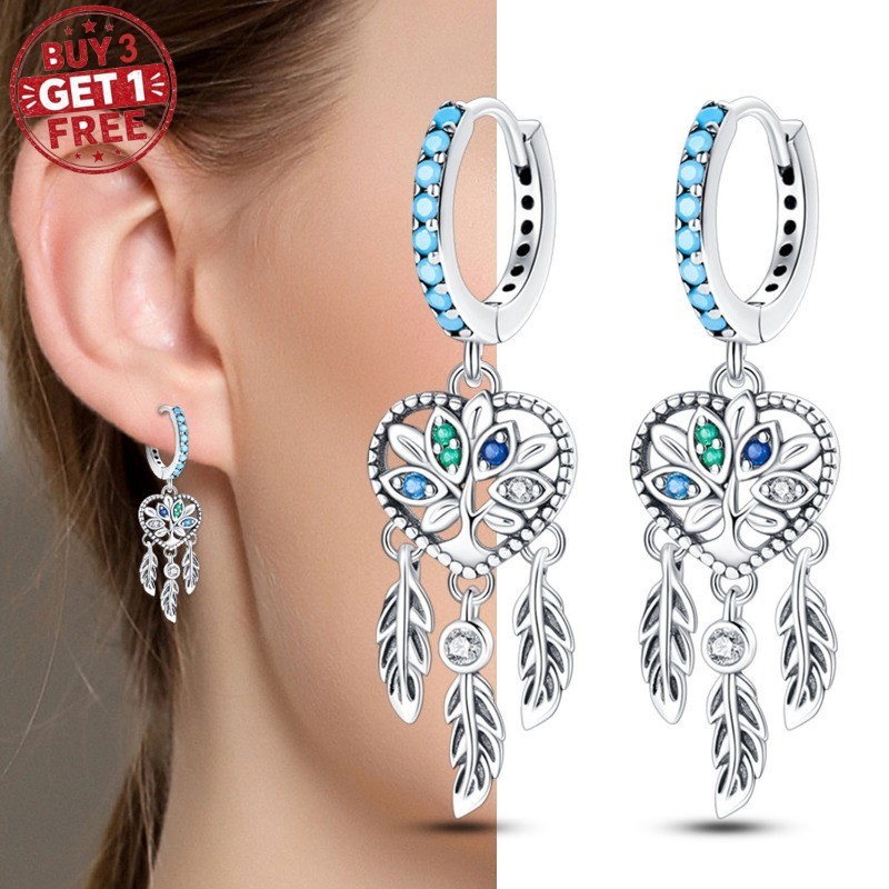 KUNSIR 925 Sterling Silver Fashion Jewelry Feather Dream Catcher Drop Earrings