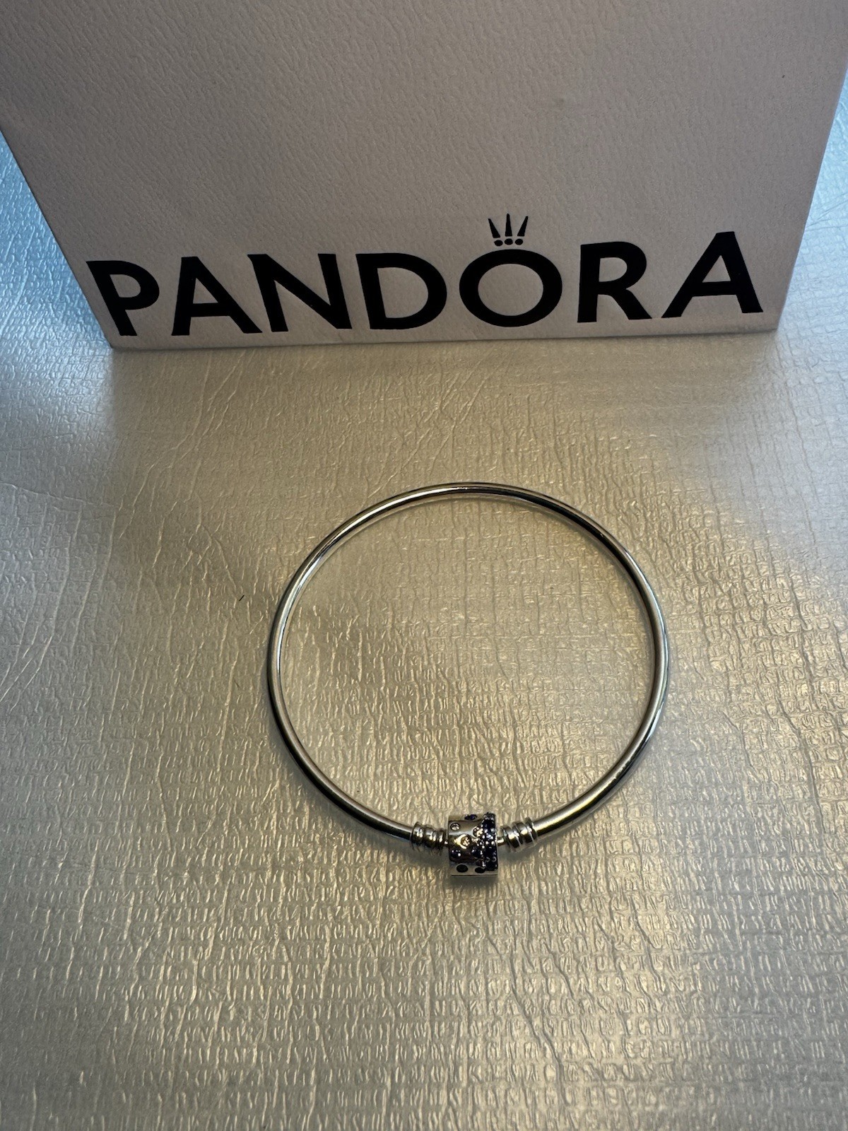 PANDORA Silver Bangle Charm Bracelet Stackable w/ Blue CZ European Clip Charm