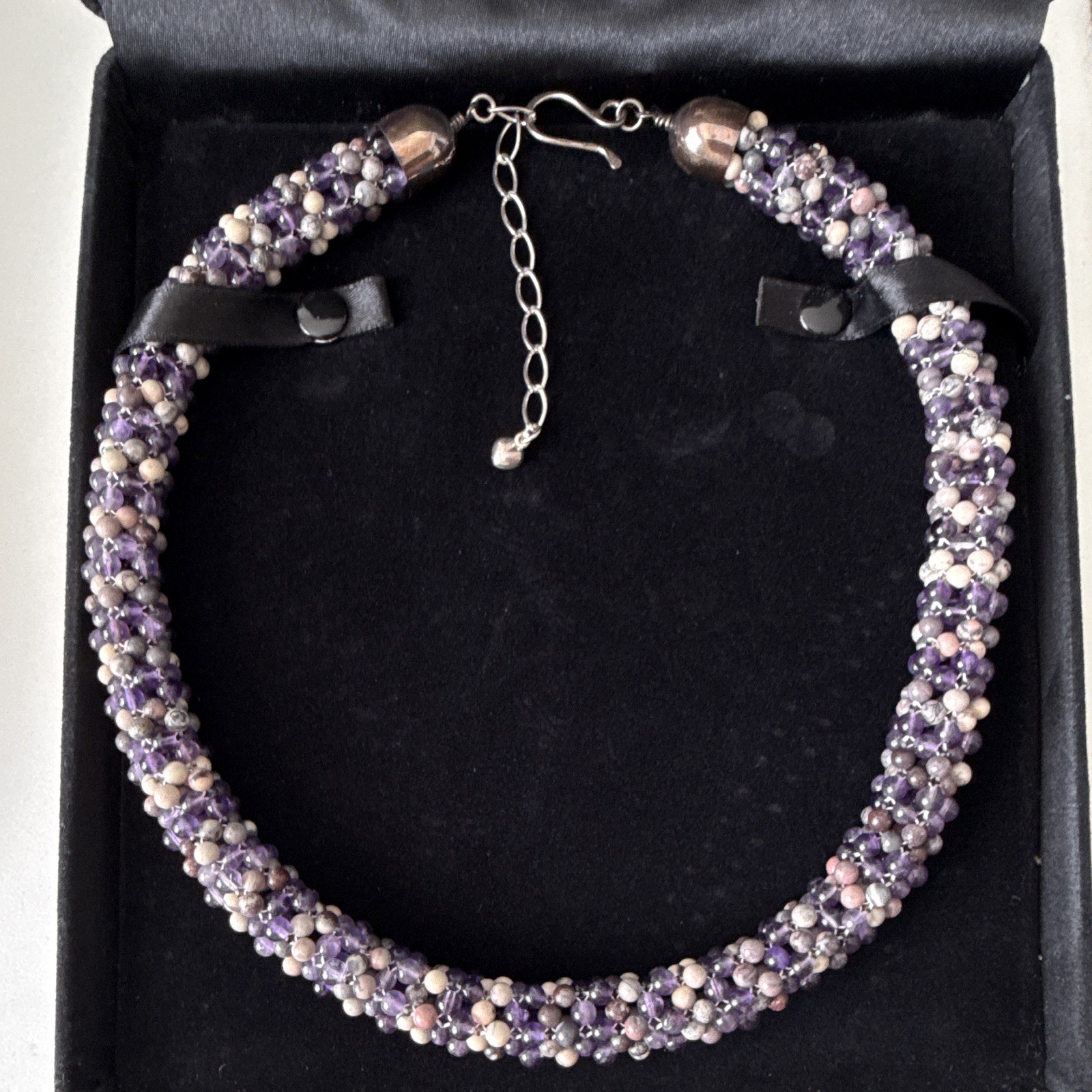 Amethyst & Jasper Beaded Necklace, Adjustable 20-24 in