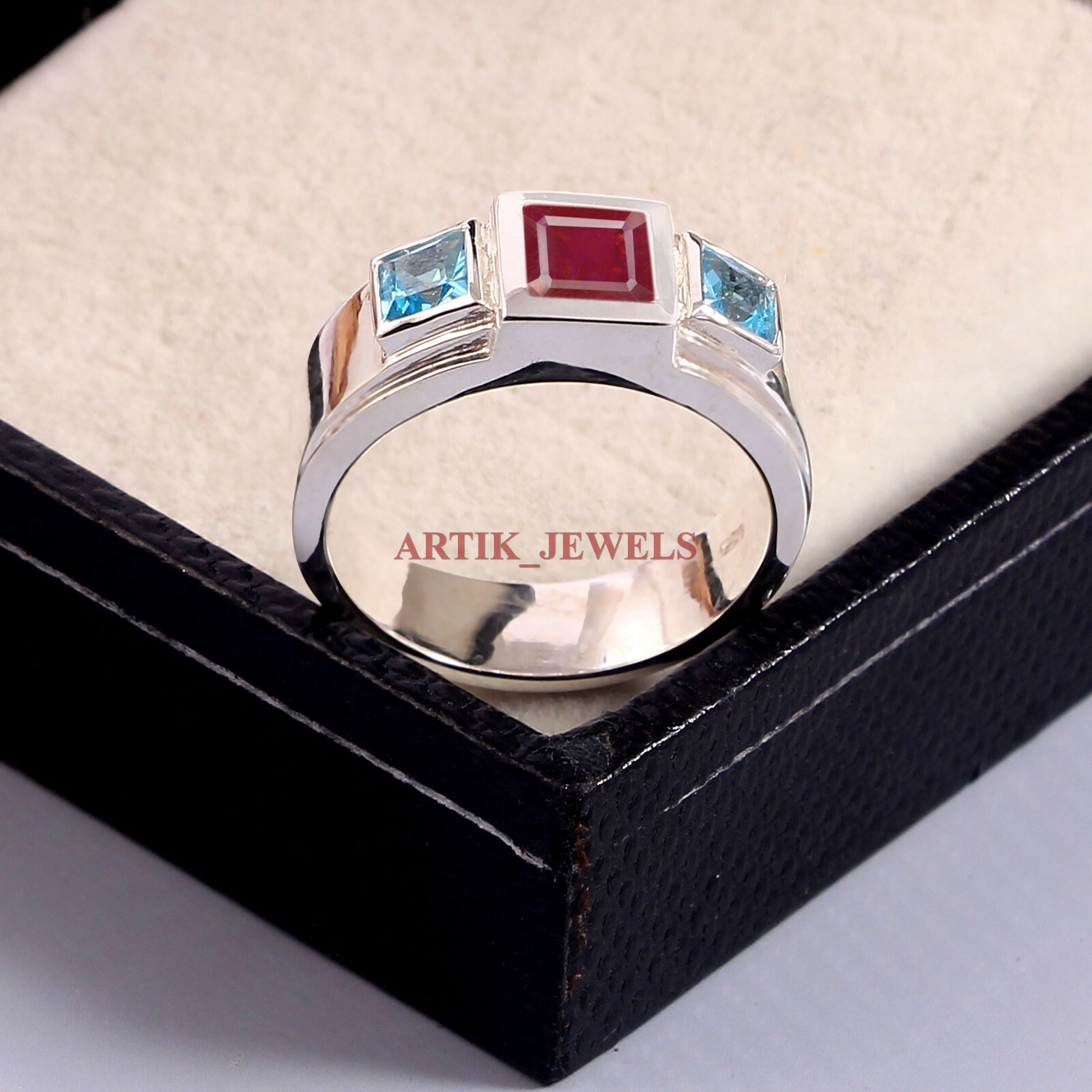 Heated Ruby & Blue Topaz Gemstone with 925 Sterling Silver Ring for Men’s #5730