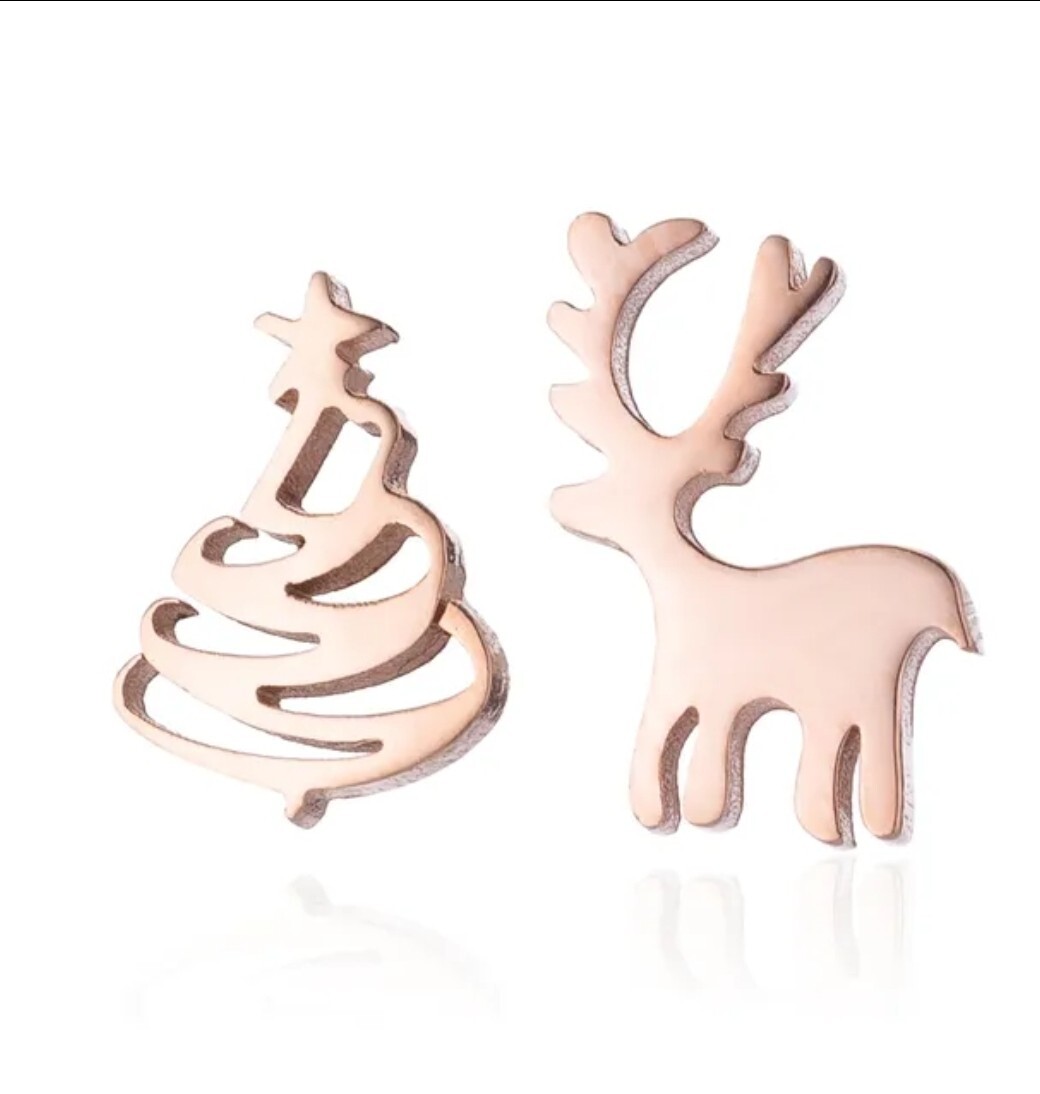 Christmas Tree Reindeer Rose Gold Color Earrings Women’s Fashion Jewelry 88H15