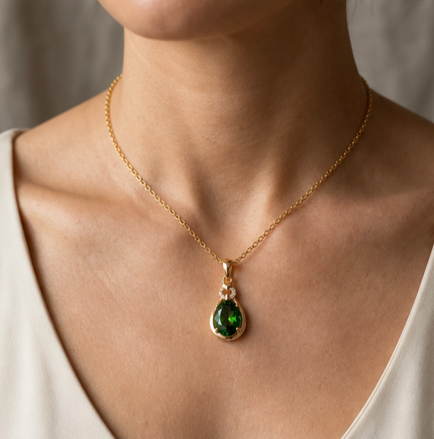 2.1ct Pear Cut Simulated Emerald/Diamond Pendant Necklace 14k Yellow Gold Plated