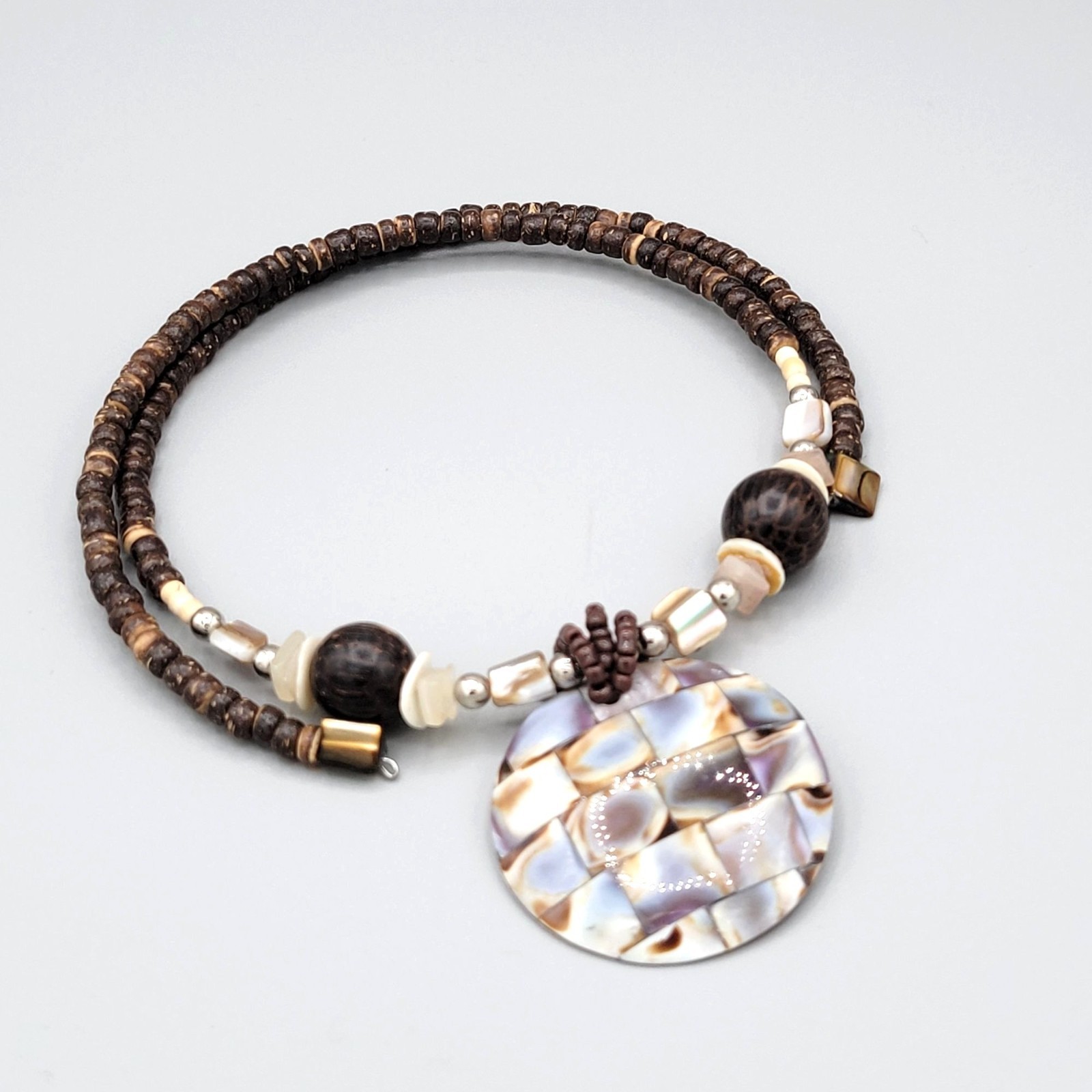 Brown & Beige Beaded Memory Wire Necklace Abalone Spacers Shiny Resin Pendant
