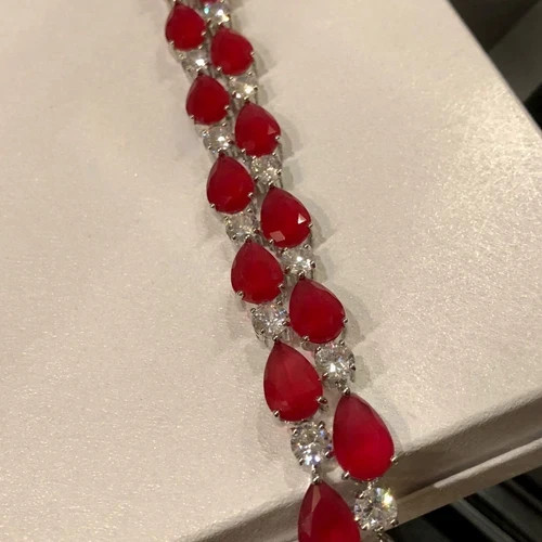 18k White Gold Filled Lab-Created Red Ruby & Simulated Diamond Tennis Bracelet