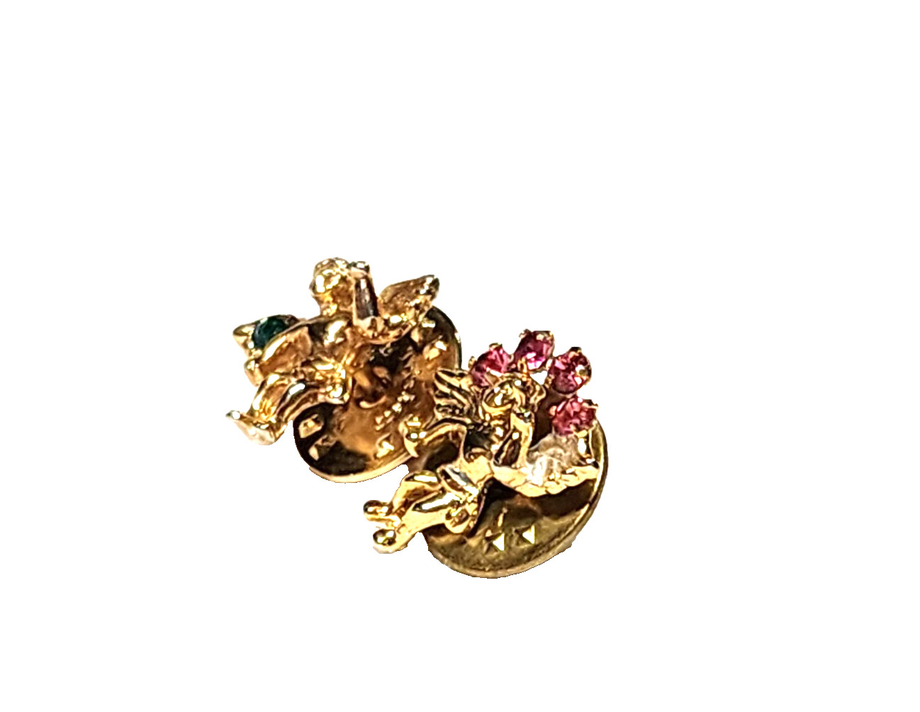Lot Of 2 Vintage Guardian Angel Cherub Pins Pink & Green Rhinestones Gold Tone