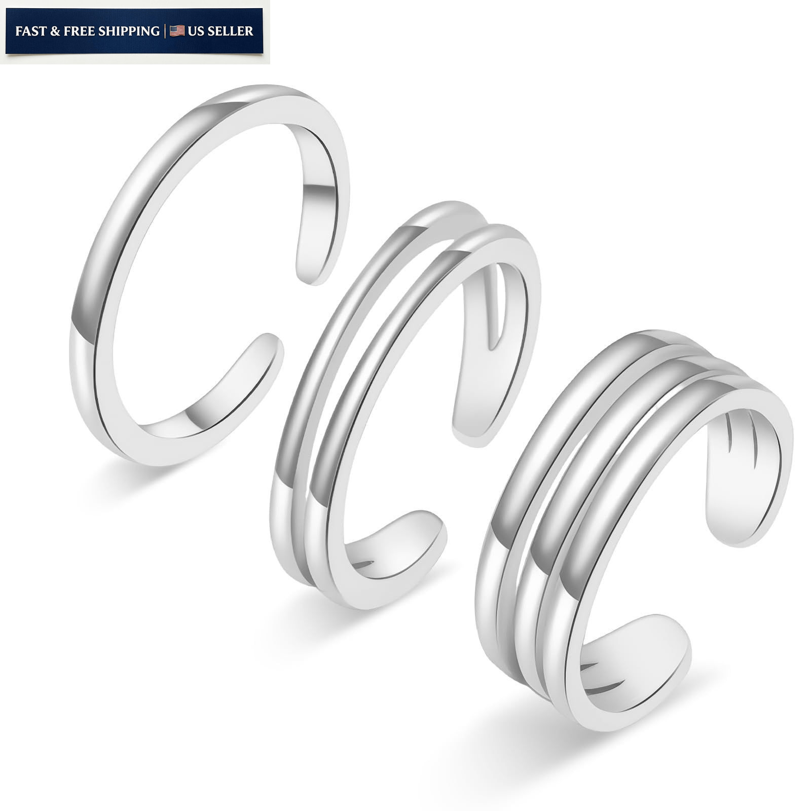 Bolsdoic Toe Rings for Women, 3PCS Silver Plated Stylish Adjustable, 3 Pcs