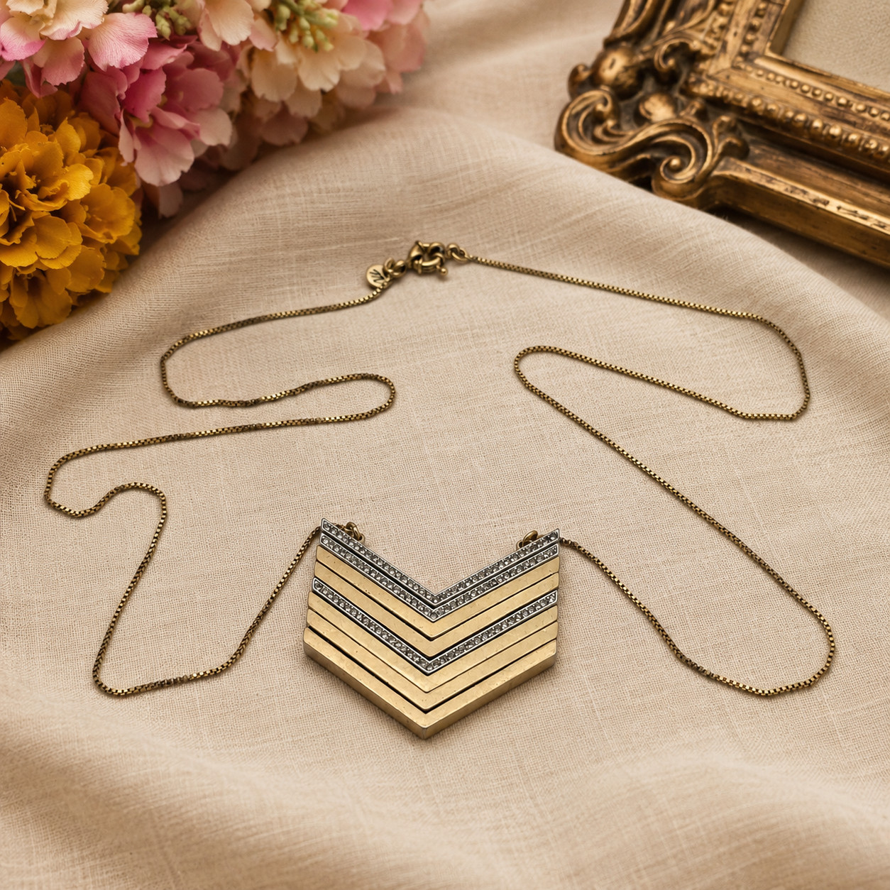 Madewell Chevron Crystal Pendant Necklace Gold Tone Art Deco Geometric 30 In