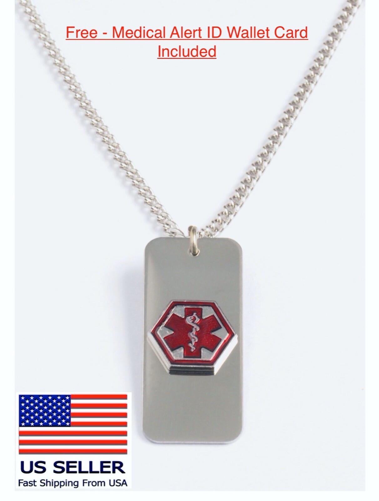 Diabetic Medical Alert ID necklace -USA made, FREE ID Wallet Card,Engraving
