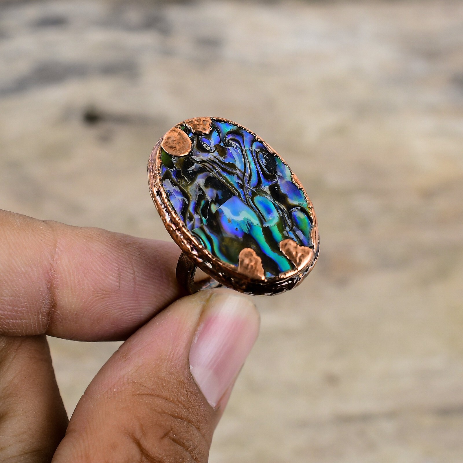 Copper Oval Abalone Shell Stone Bezel Electroformed Promise Ethnic Ring Jewelry