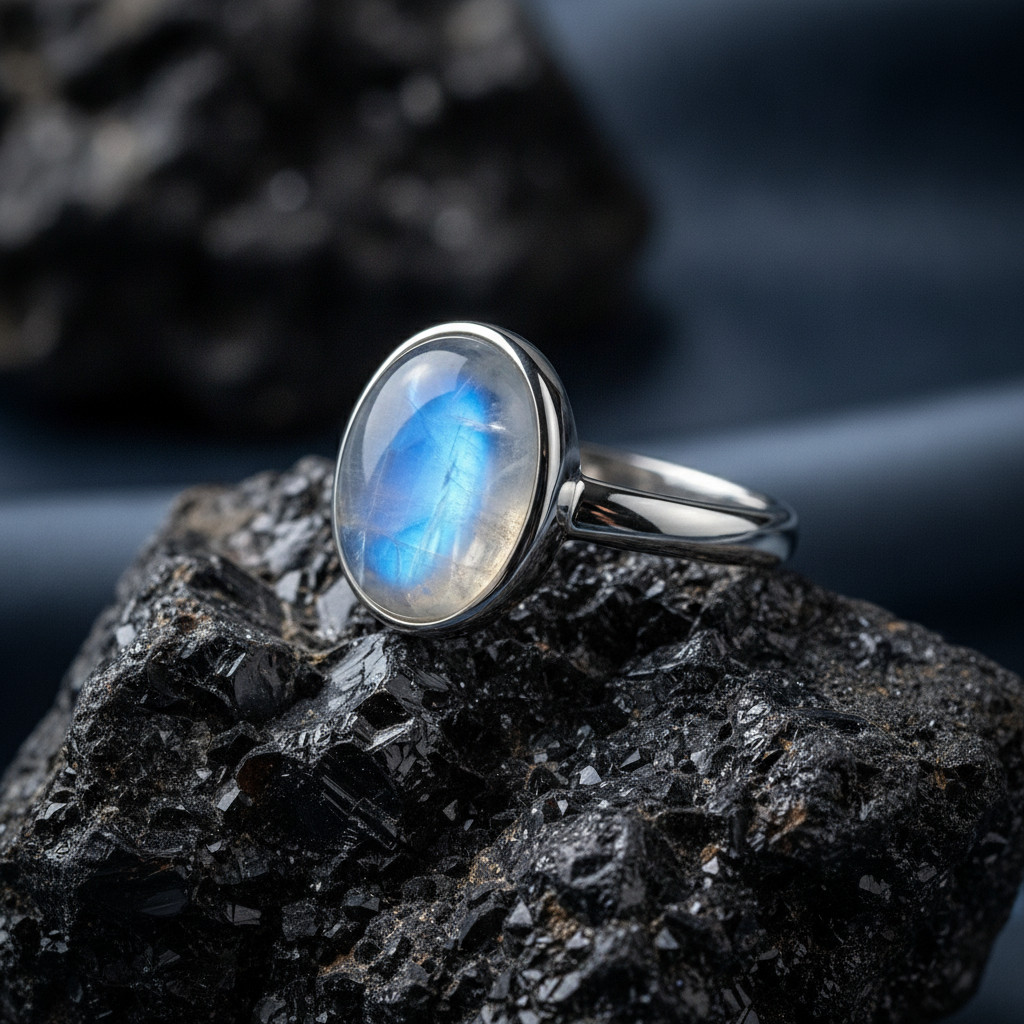 925 Sterling Silver Moonstone Ring, Oval Moonstone Gemstone Ring
