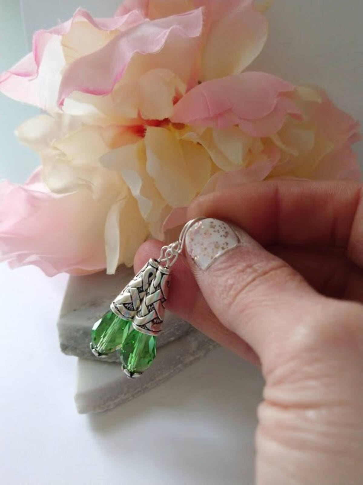Light Peridot Green Teardrop Crystal Earrings, Ladies Dangle Fashion Earrings