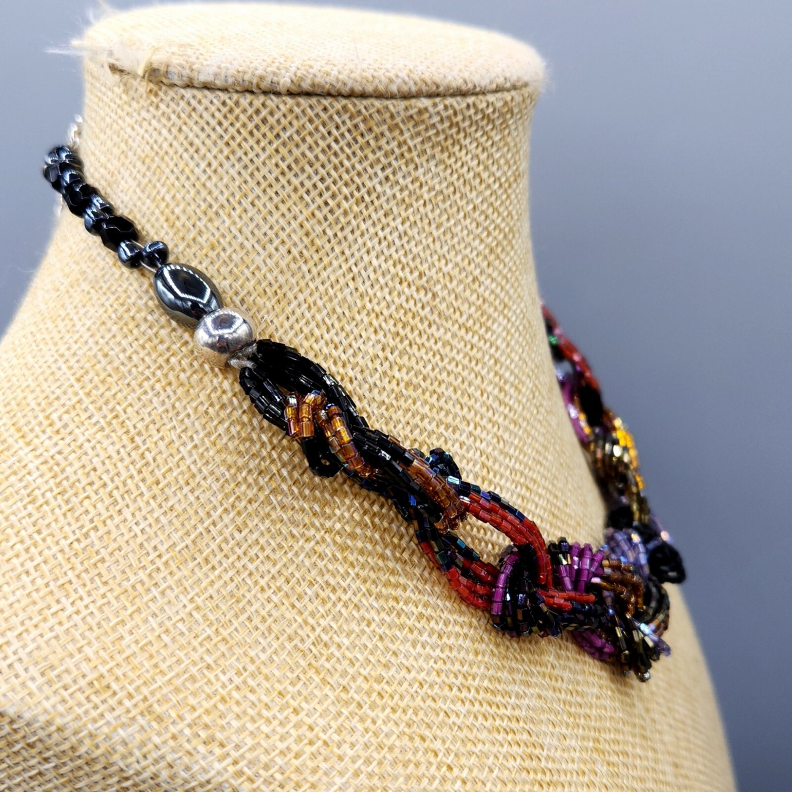 Artisan Multi Color Jewel Tone Fire Glazed Glass Bead Braided Necklace 19″