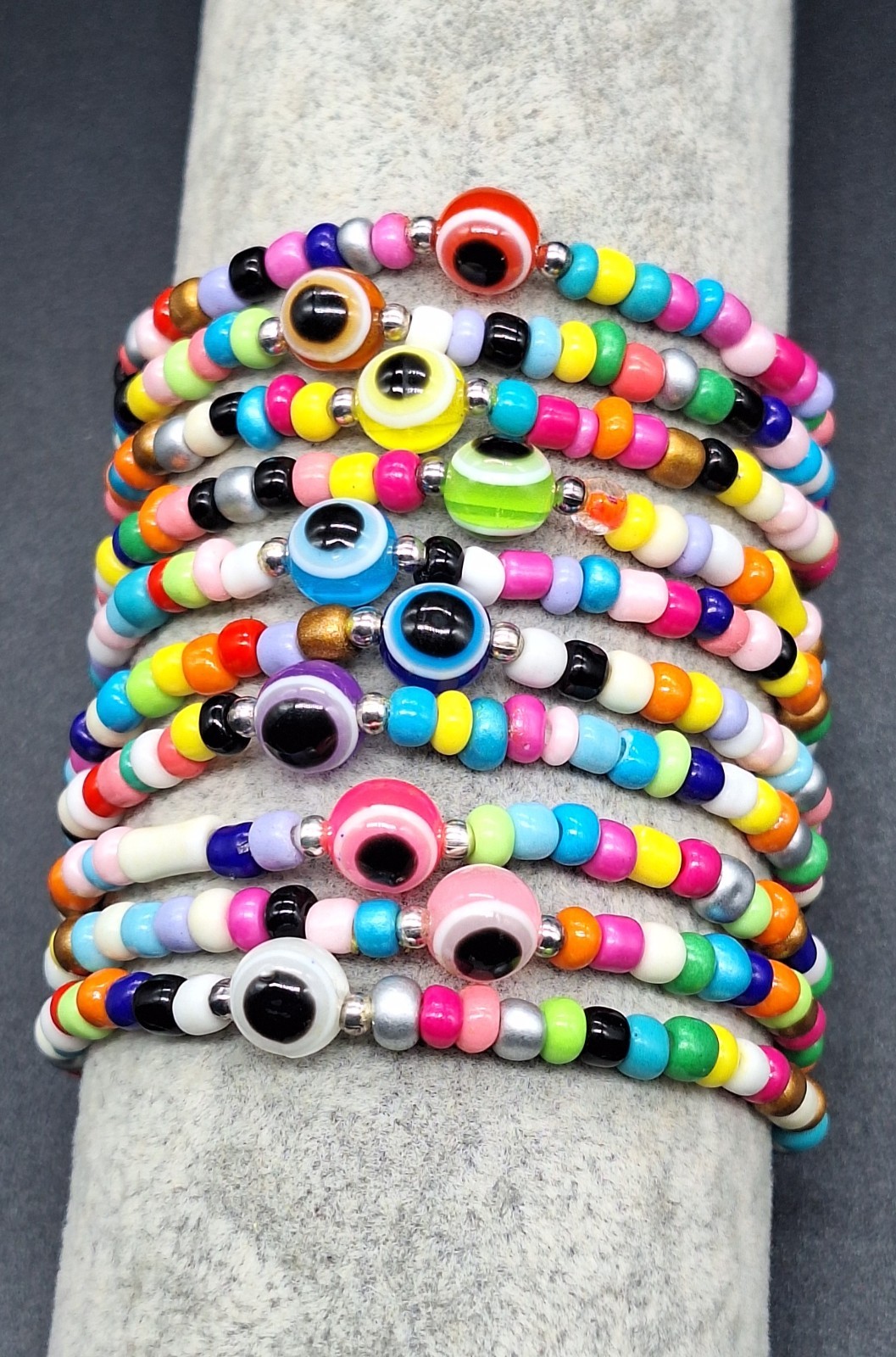 Multicoloured Handmade Bracelet w Seed Beads and Black Eye Bead