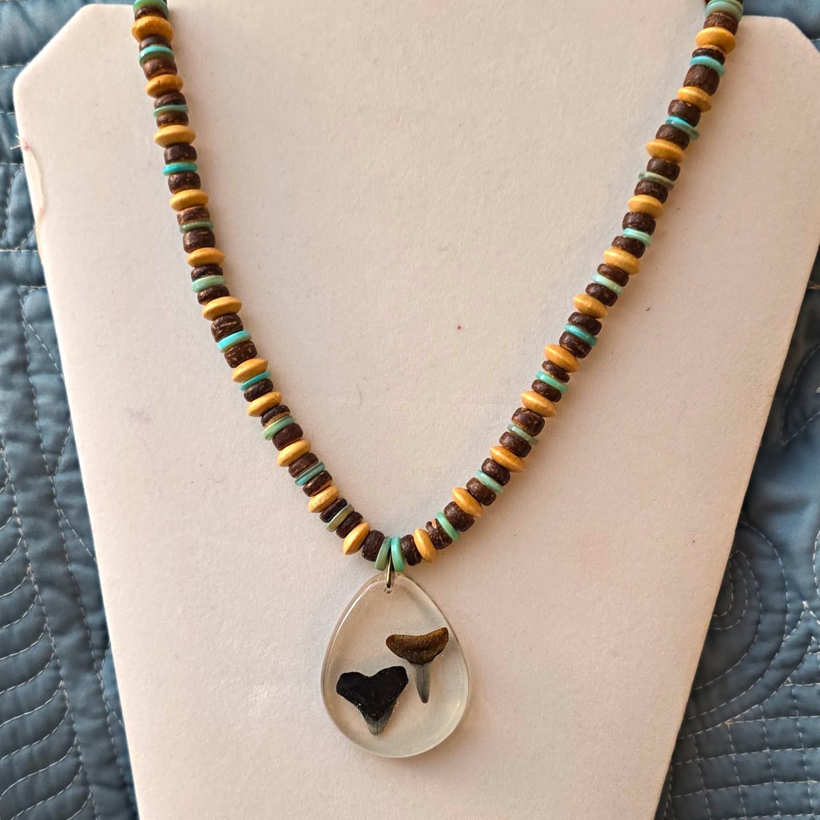 Beaded Necklace Handcrafted Resin Shark Teeth Charm, Wood Glass Beads