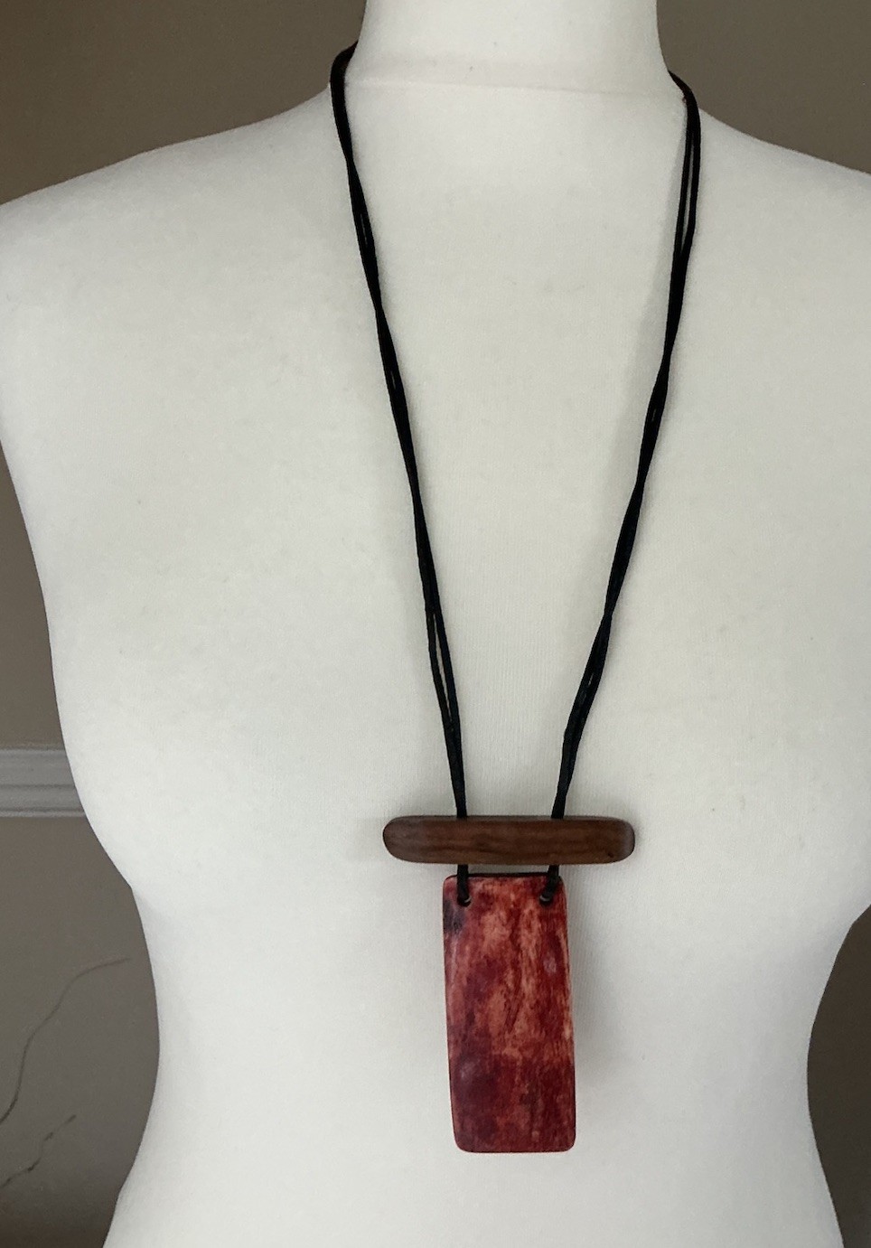 Statement Boho Arty Lagenlook Long Cord Necklace Wood & Resin pendant