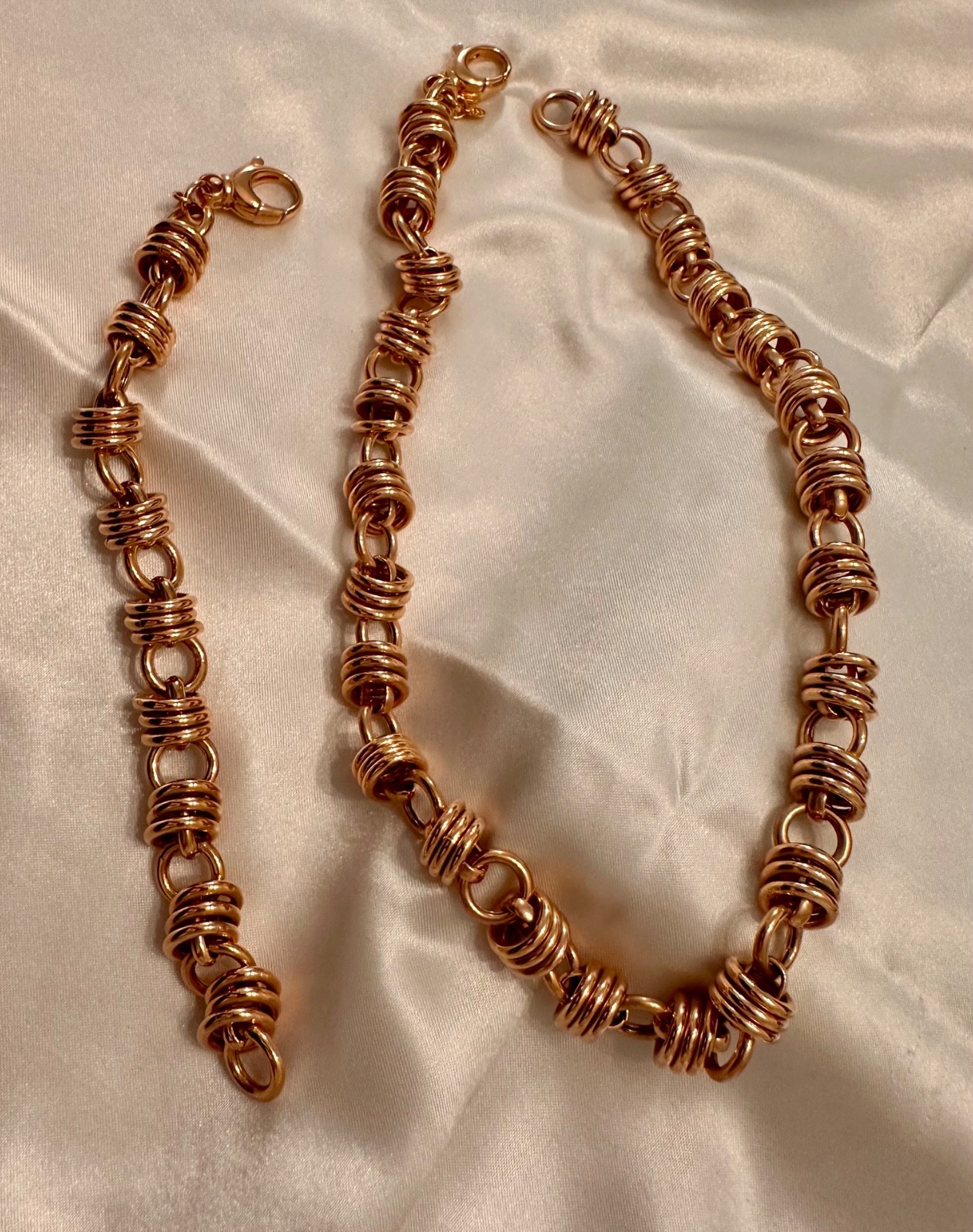 MILOR ITALY BRONZE ROSE GOLD TONE RIBBED CHUNKY LINK NECKLACE & BRACELET SET
