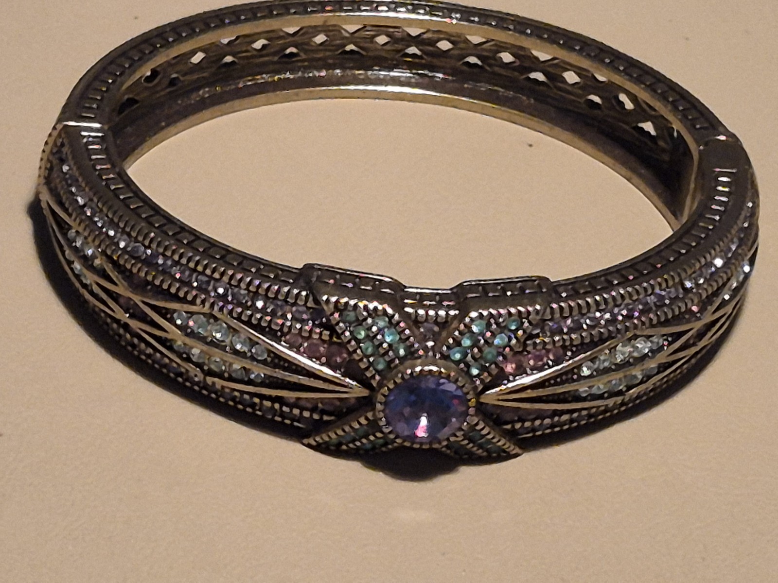 Heidi Daus Masterful Marquise Crystal Hinged Bangle Bracelet Purple Blue Color
